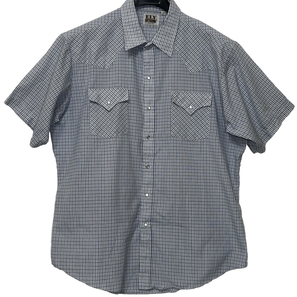 Ely Cattleman Cowboy Short Sleeve Pearl Snap Shirt Men XL Light Blue Rodeo Wear